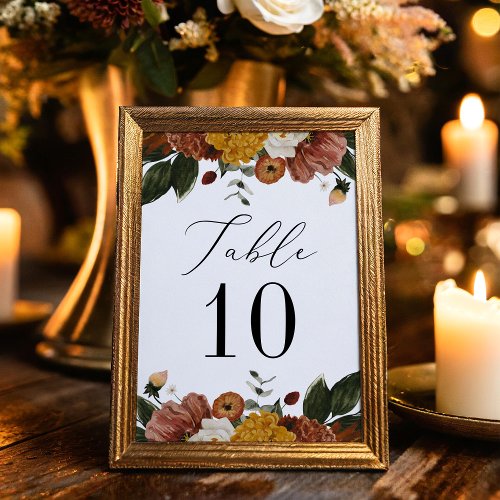 Boho Autumn Floral Wedding Table Number