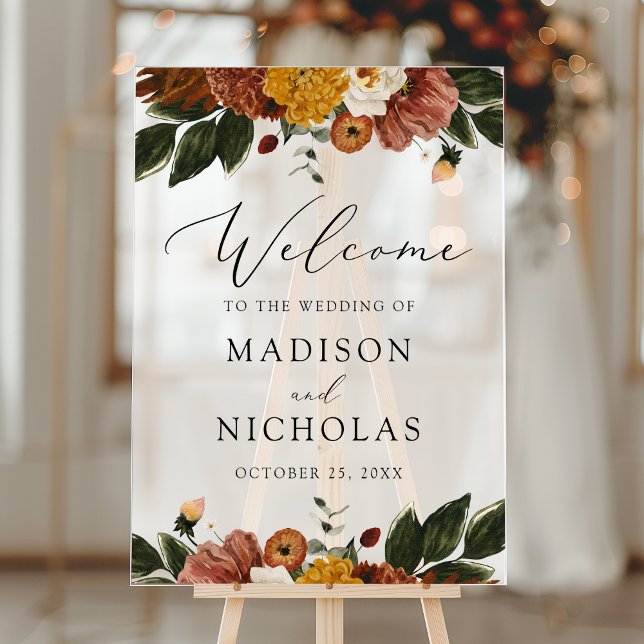 Boho Autumn Floral Wedding Welcome Frosted Acrylic Sign (Creator Uploaded)