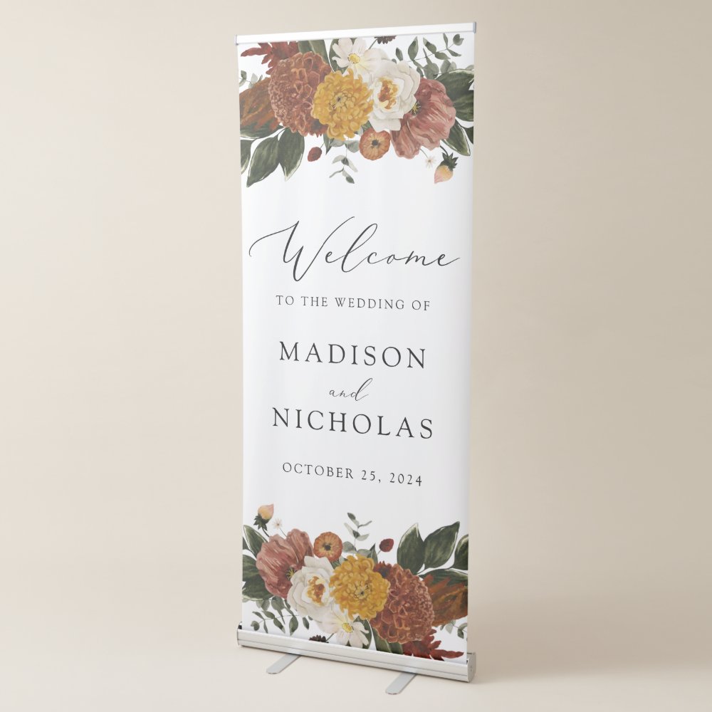 Disover Boho Autumn Floral Wedding Welcome Retractable Banner