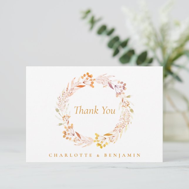 Boho Autumn Floral Wreath Custom Wedding Names Thank You Card (Standing Front)