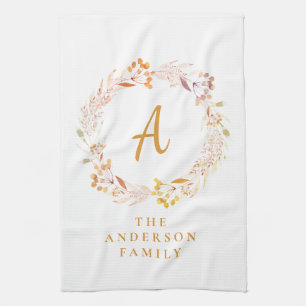 Boho Autumn Floral Wreath Personalized Name Kitchen Towel