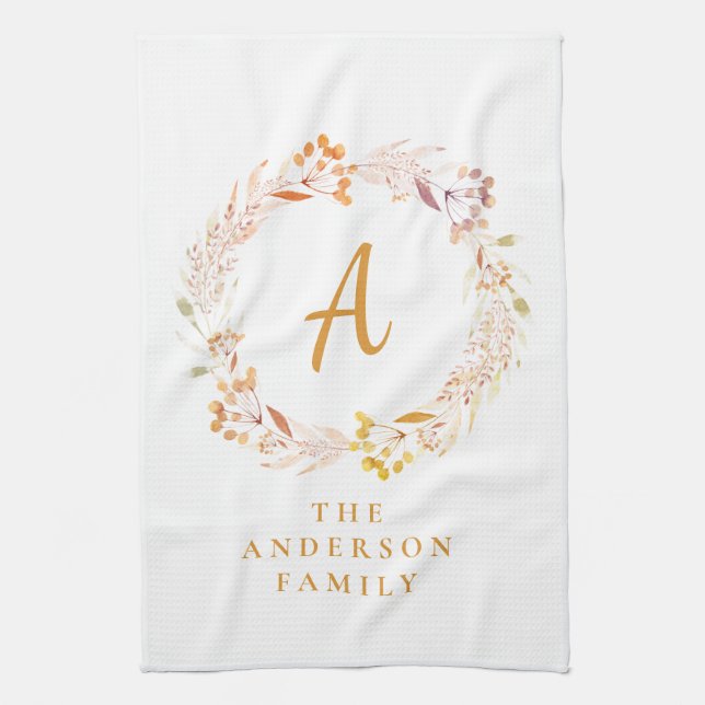 Boho Autumn Floral Wreath | Personalized Name  Kitchen Towel (Vertical)