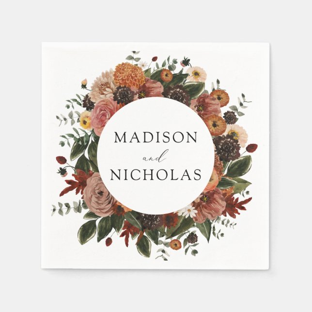 Boho Autumn Floral Wreath Personalized Wedding Napkins (Front)