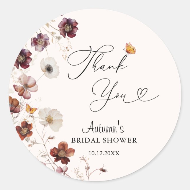 Boho Autumn Florals Bridal Shower  Classic Round Sticker (Front)