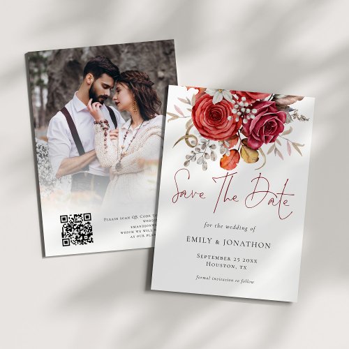 Boho Autumn Florals Photo Overlay QR Code Wedding Save The Date