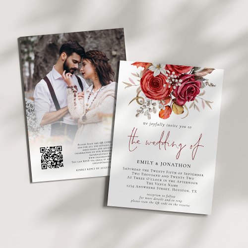 Boho Autumn Florals Photo QR Code Wedding Invitation