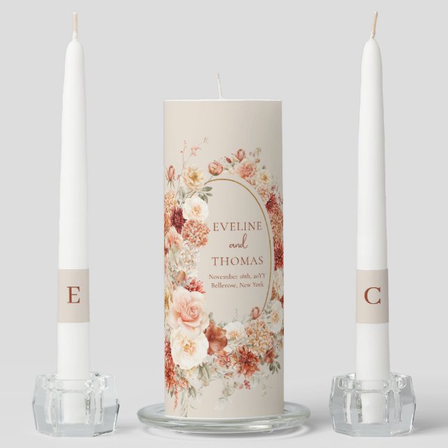Boho autumn garden spices orange beige rust unity candle set (Front)