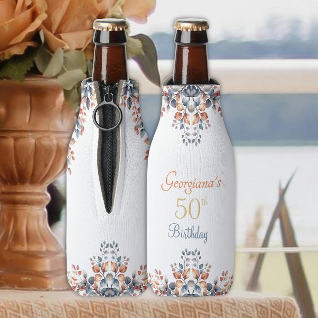 Boho Autumn Leaves 50th Birthday Personalized Bott Bottle Cooler (Creator Uploaded)