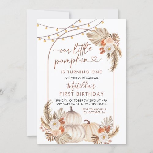 Boho Autumn Our Little Pumpkin Is turning One Invitation