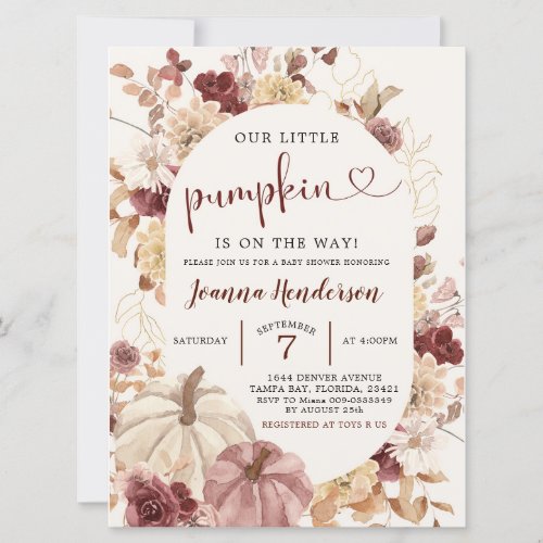 Boho Autumn Pumpkin Floral Baby Shower Invitation