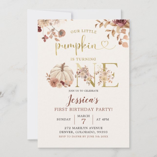 Boho Autumn Pumpkin Floral First Birthday Invite (Front)