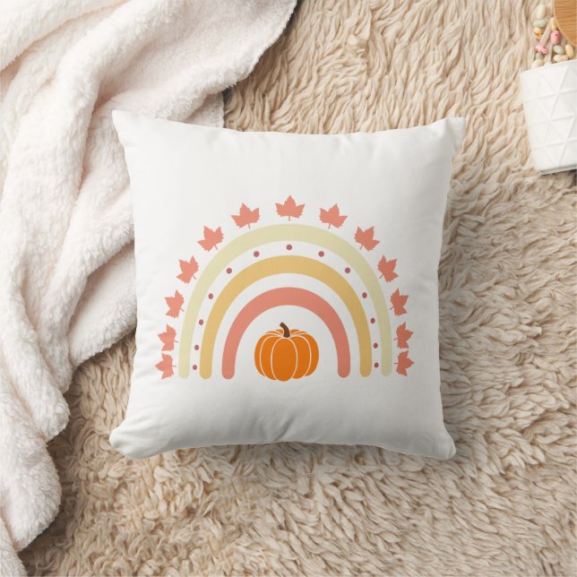 Boho Autumn Rainbow Pumpkin Throw Pillow (Blanket)