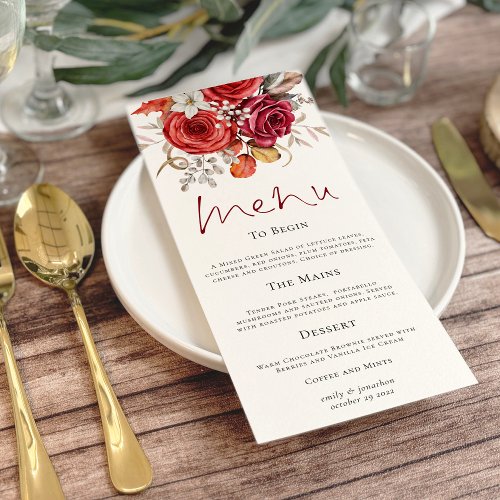 Boho Autumn Red Orange Florals Wedding Menu