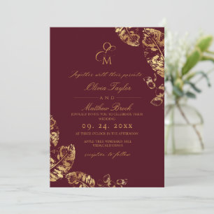  Boho Autumn   Rustic Burgundy & Gold Wedding Invitation