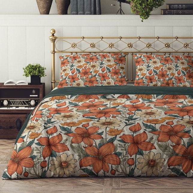 Boho autumn terracotta flowers pastel green leaves duvet cover (Boho autumn terracotta flowers pastel green leaves duvet cover)