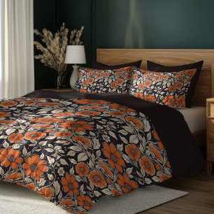 Boho autumn terracotta flowers pastel green leaves duvet cover