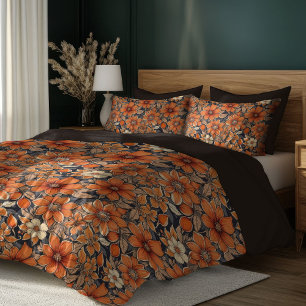 Boho autumn terracotta orange and ivory flowers duvet cover