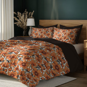 Boho autumn terracotta orange and ivory flowers duvet cover
