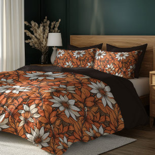 Boho autumn terracotta orange and white flowers duvet cover