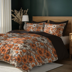 Boho autumn terracotta white flowers brown hues duvet cover