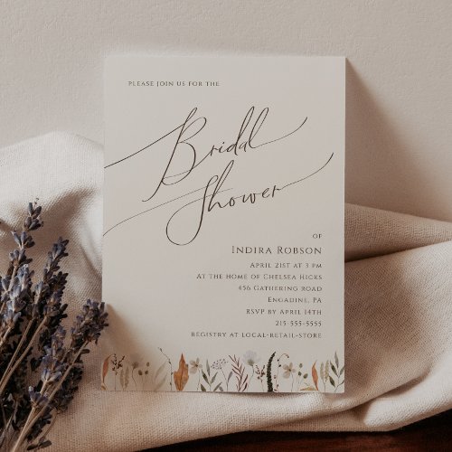 Boho Autumn Wildflower  Beige Bridal Shower Invitation