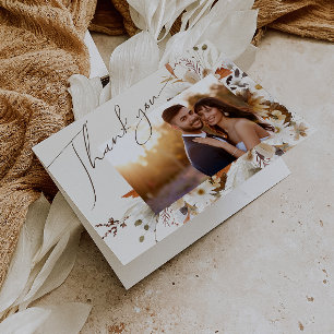 Boho Autumn Wildflower   Beige Folded Photo Letterpress Thank You Card