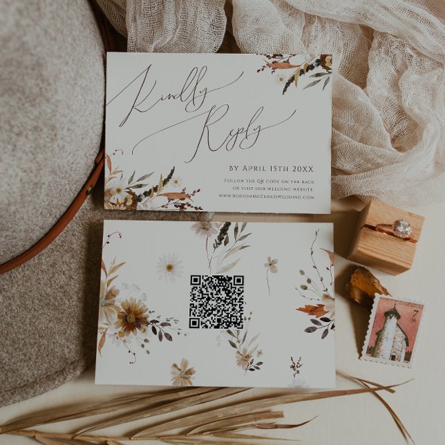 Boho Autumn Wildflower | Beige Horizontal QR Code RSVP Card (Creator Uploaded)