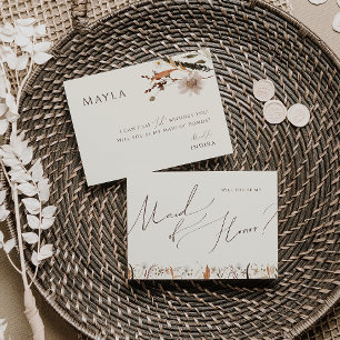 Boho Autumn Wildflower Beige Maid of Honor Card