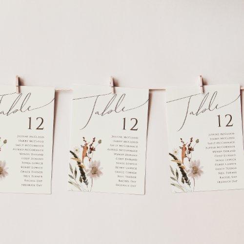 Boho Autumn Wildflower  Beige Table Number Chart