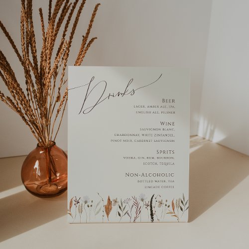 Boho Autumn Wildflower  Beige Wedding Drinks Menu Pedestal Sign