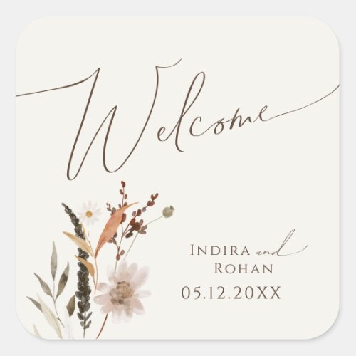 Boho Autumn Wildflower  Beige Wedding Welcome Square Sticker