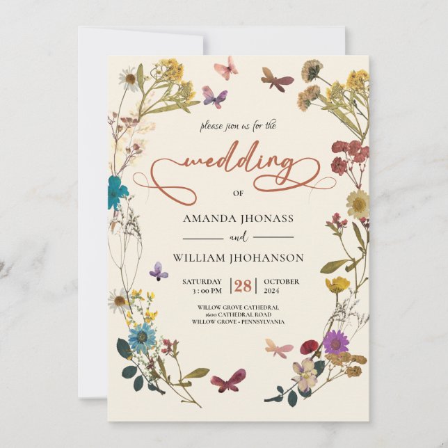 Boho Autumn Wildflower Botanical Wedding  Invitation (Front)
