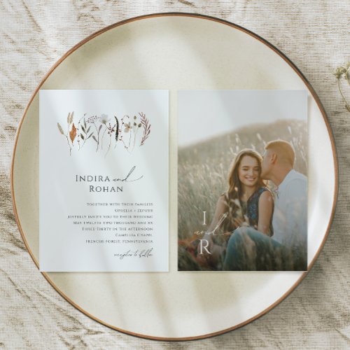 Boho Autumn Wildflower  Monogram Photo Wedding Invitation