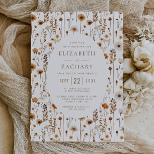 Boho Autumn Wildflower Pattern Brown Beige Wedding Invitation