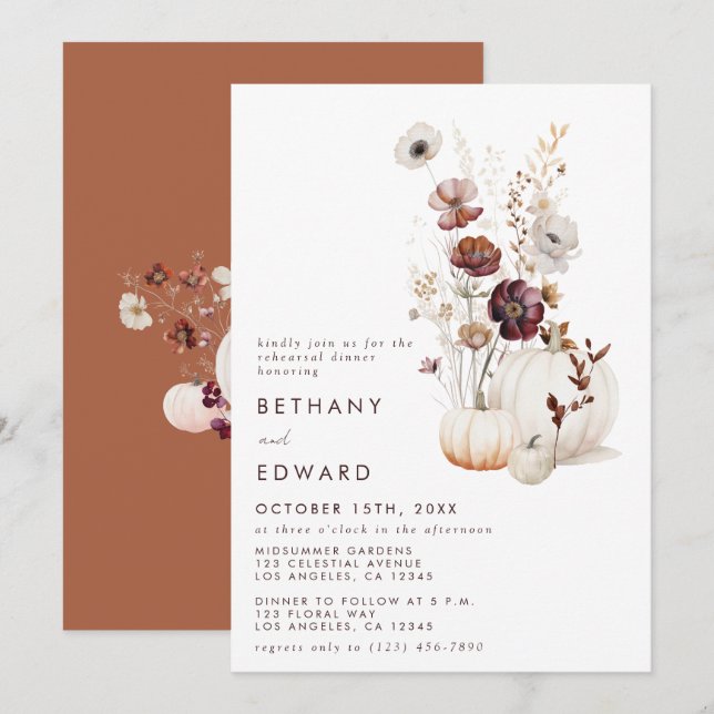 Boho Autumn Wildflower Pumpkin Rehearsal Dinner Invitation (Front/Back)