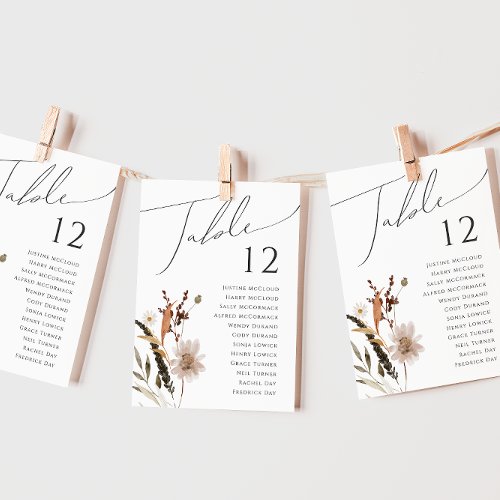 Boho Autumn Wildflower  Table Number Chart