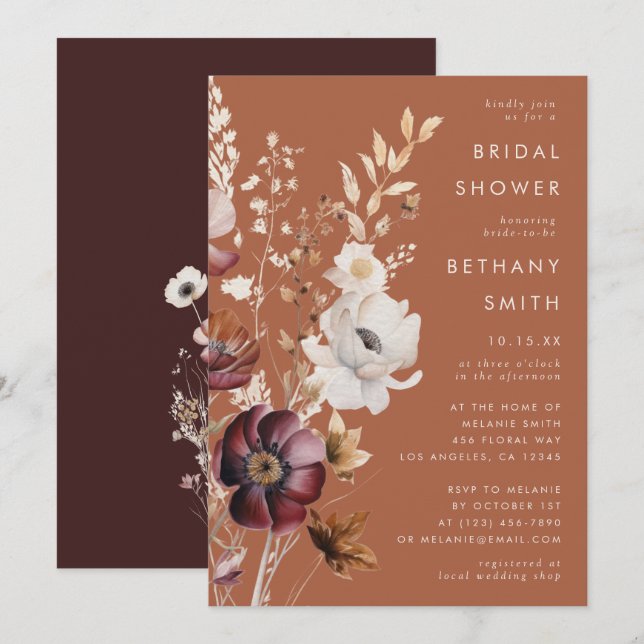 Boho Autumn Wildflower Terracotta Bridal Shower Invitation (Front/Back)