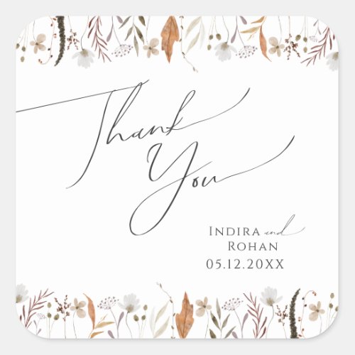 Boho Autumn Wildflower  Wedding Thank You Square Sticker