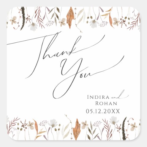 Boho Autumn Wildflower | Wedding Thank You Square Sticker