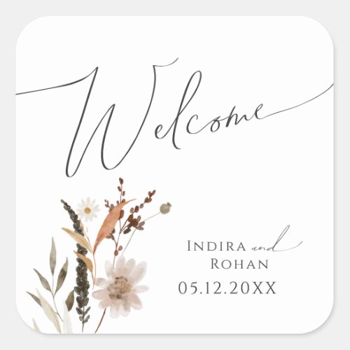 Boho Autumn Wildflower  Wedding Welcome Square Sticker