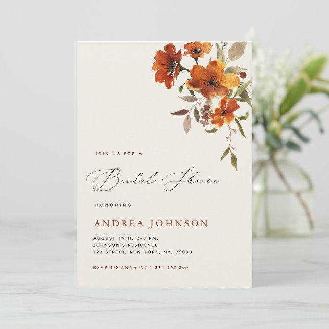 Boho Autumn Wildflowers Cozy Fall Bridal Shower Invitation (Standing Front)