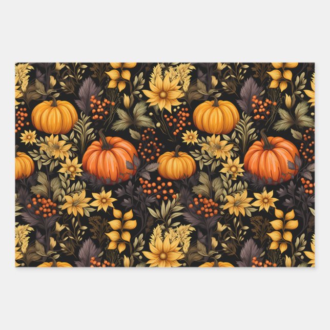 Boho Autumn with Sunflowers, Florals, and Pumpkin Wrapping Paper Sheets (Front)