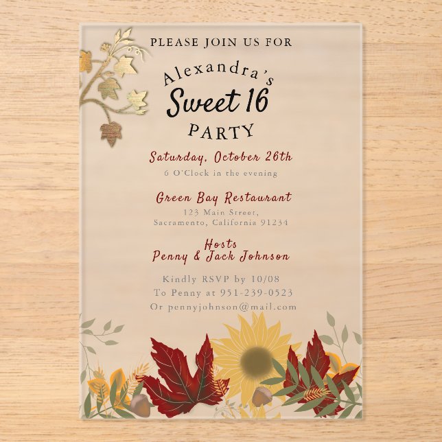 Boho Autumnal Chic Sweet 16  Acrylic Invitations (Front)