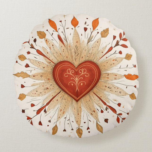 Boho Autumnal Heart Illustration Round Pillow (Front)