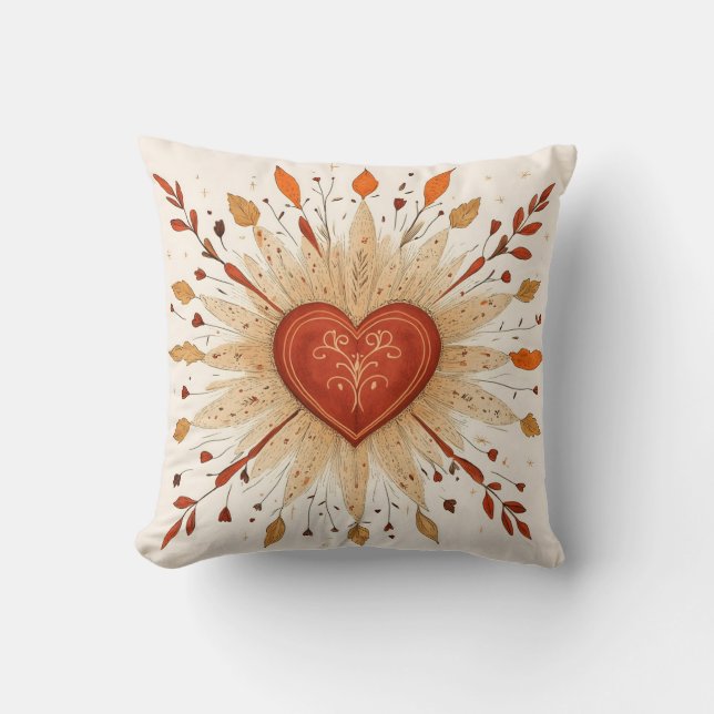 Boho Autumnal Heart Illustration Throw Pillow (Front)
