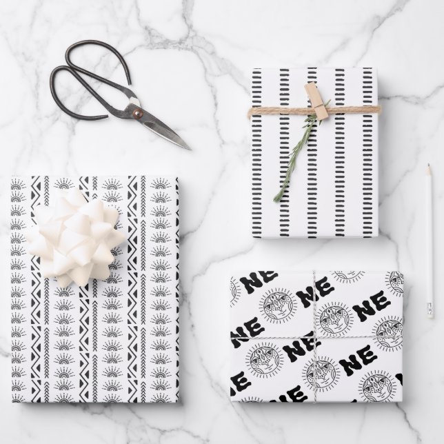 Boho Aztec Themed Line Art Sun One 1st Birthday Wrapping Paper Sheets (Front)