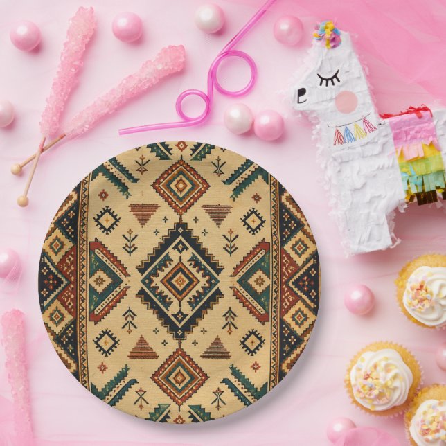 Boho Aztec Tribal Geometric Pattern Round Serving  Paper Plates (Party)