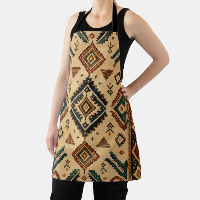 Boho Aztec Tribal Pattern Kitchen Apron | Rustic S (Insitu)