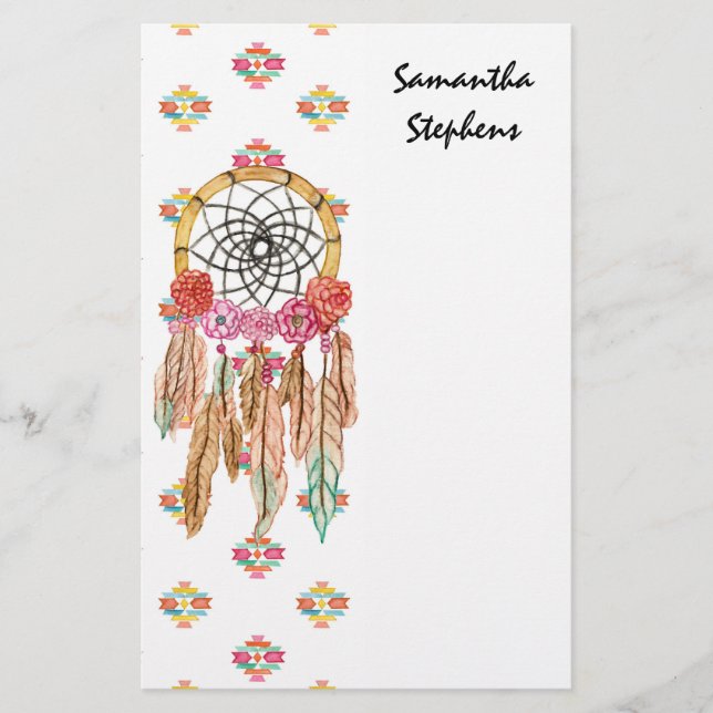 Boho Aztec Watercolor Native American Dreamcatcher Stationery (Front)