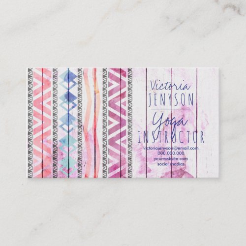 Boho aztec wood watercolor yoga instructor business card